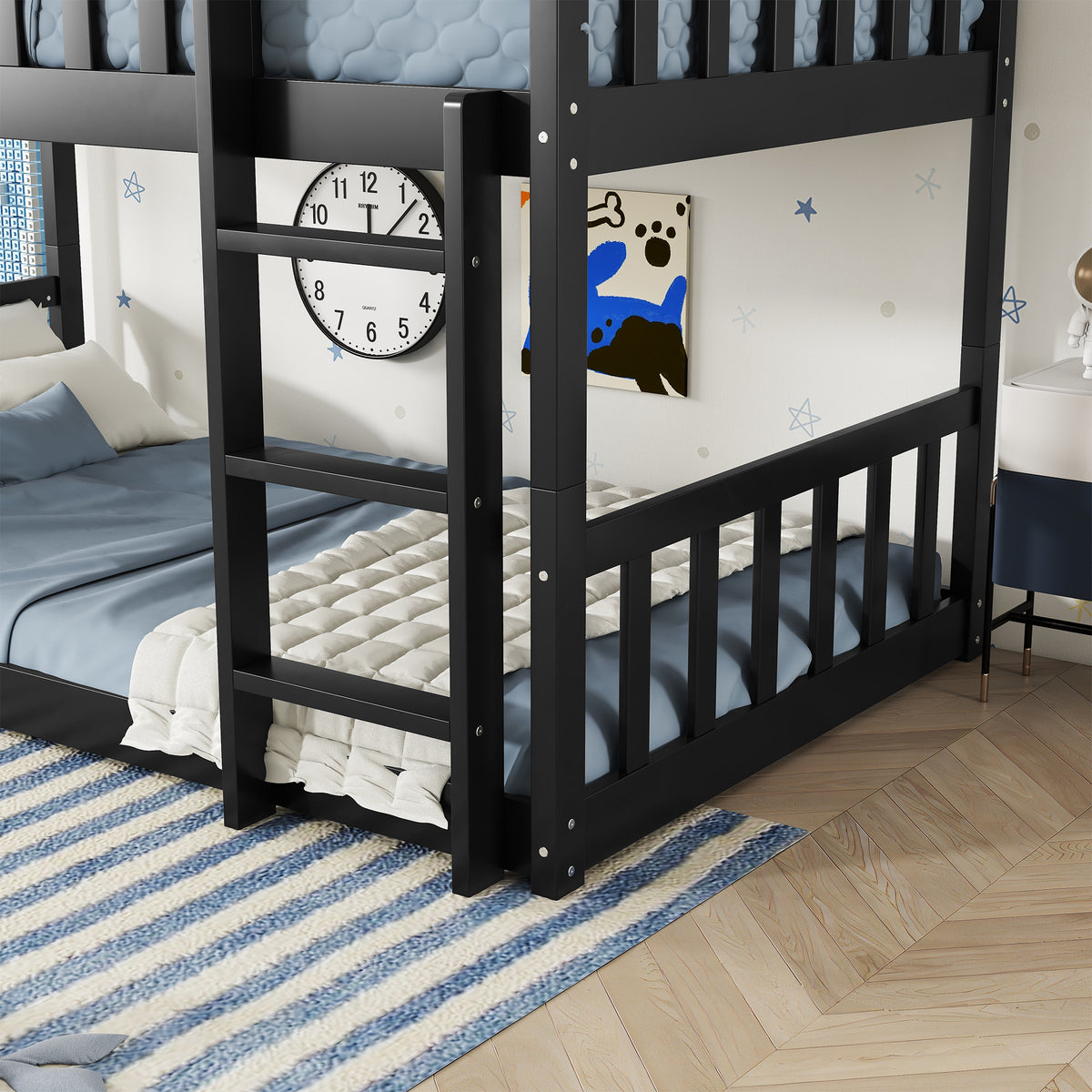 Triple Bunk Bed Frame, Convertible to 3 Single Beds, Solid Wood Bed with Ladders & Guardrails, Black