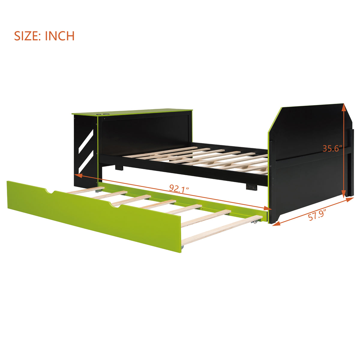 Full Size Wood Daybed with Desk & USB,Full Daybed with Twin Size Trundle for Bedroom, Green