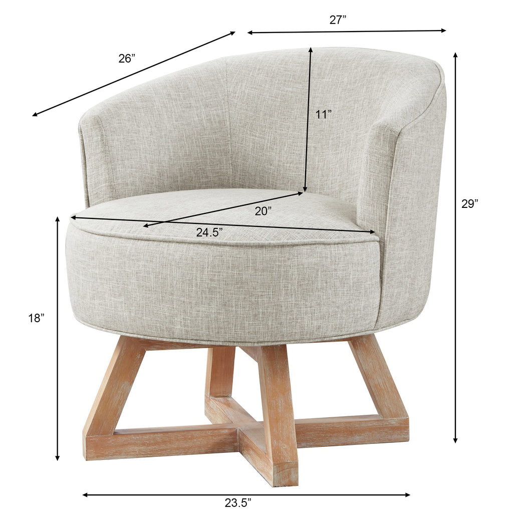 360° Swivel Accent Chair, Barrel Chair with Solid Wood Base, Linen Fabric Armchair, Light Gray