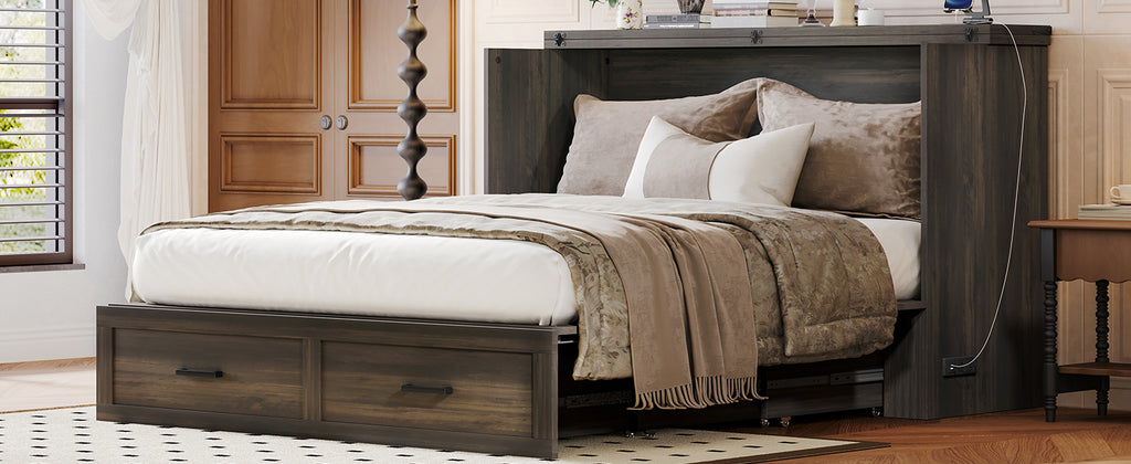 Queen Size Farmhouse Murphy Cabinet Bed with Charging Station, Foldable Platform Bed with Large Storage Drawer for Guest-Room, Small Bedroom, Rustic Gray