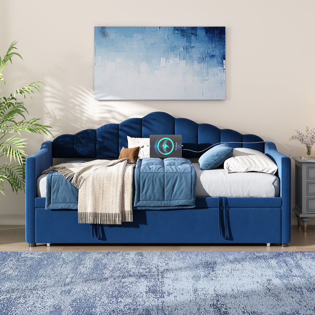 Upholstered Twin Size Daybed Bed with Charging Station & 2 Side Pockets,Velvet Daybed Frame with Adjustable Height Pop Up Trundle for Guest Room, Home Office,Blue