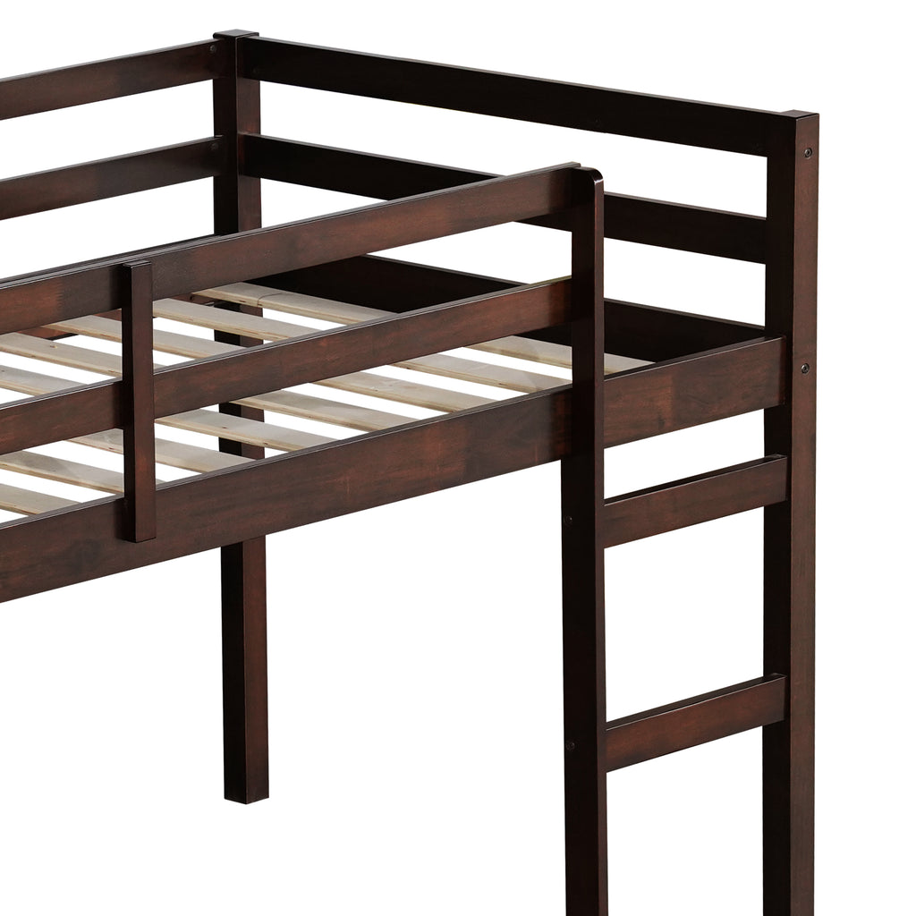 Twin Low Loft Bed Frame, Solid Wood Elevated Bed with Guardrail, Space Saving Loft Bed for Bedroom, Espresso