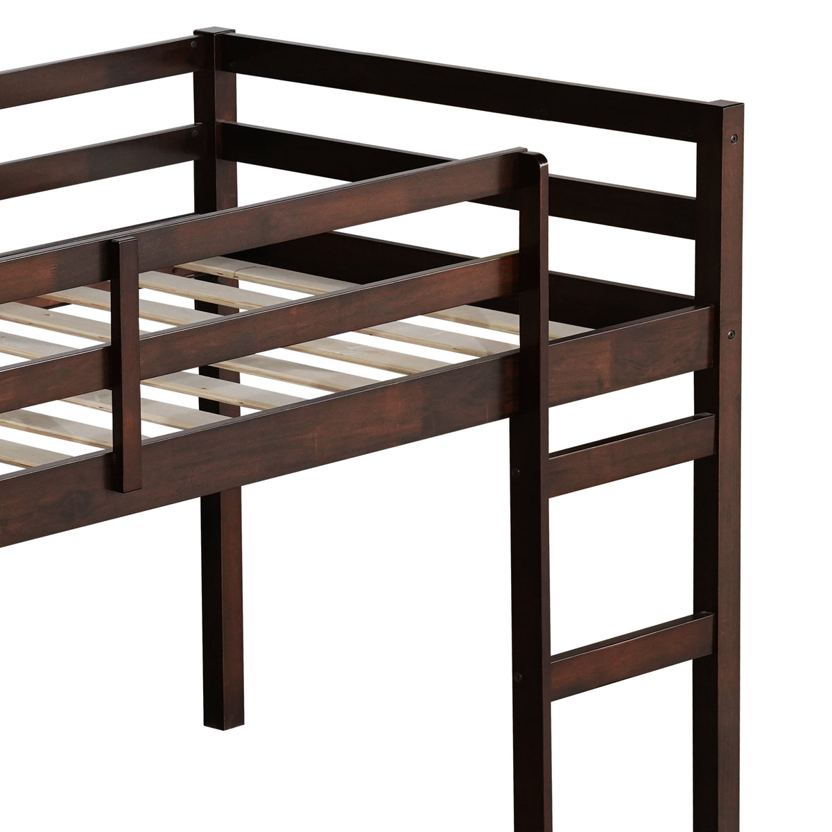 Twin Low Loft Bed Frame, Solid Wood Elevated Bed with Guardrail, Space Saving Loft Bed for Bedroom, Espresso