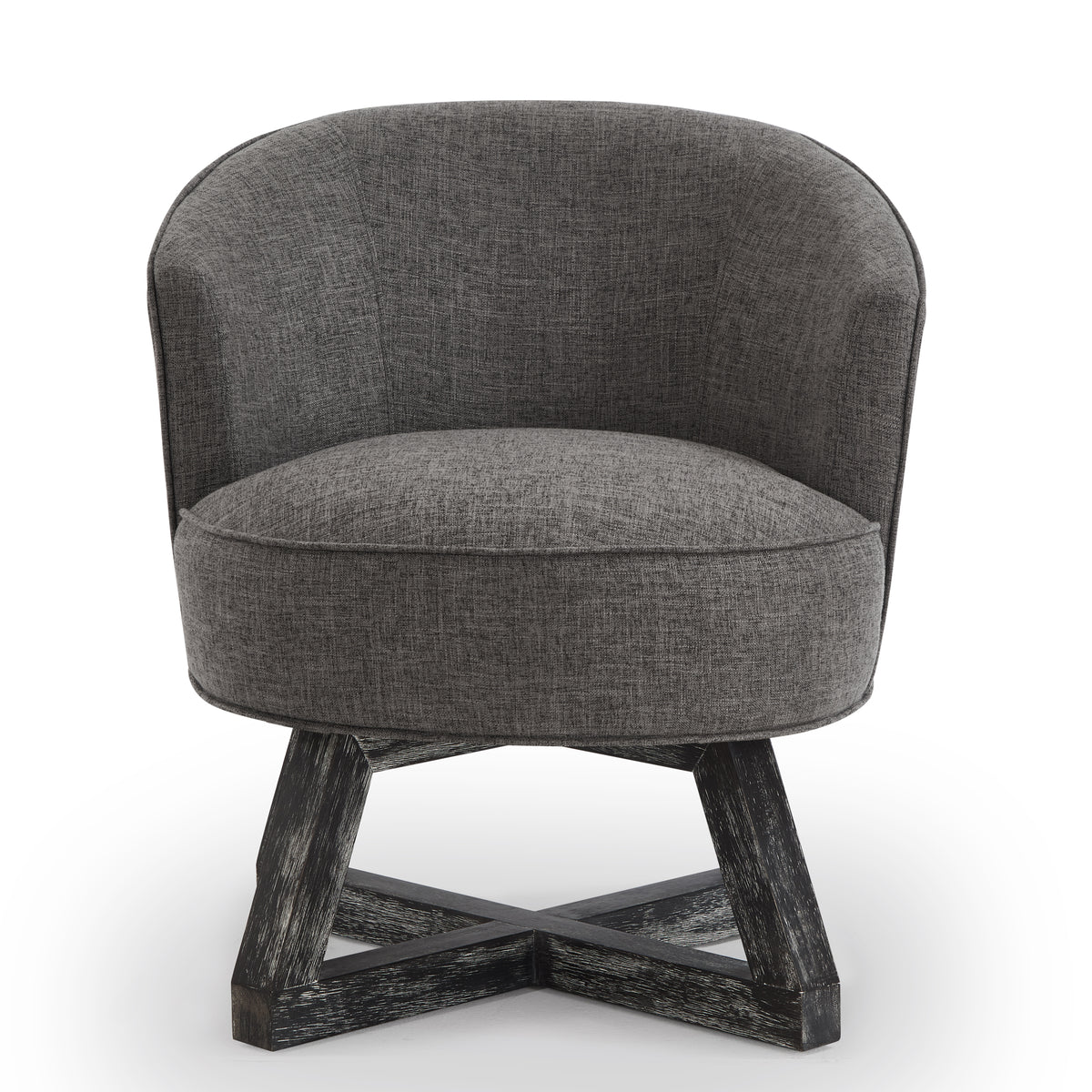 360° Swivel Accent Chair, Barrel Chair with Solid Wood Base, Linen Fabric Armchair, Dark Gray