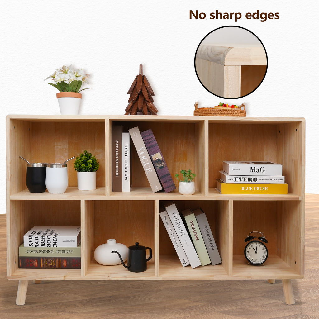 Bookshelf with 7 Cube,Pine Modern Wooden Bookcase with Storage Organizer for Home, Office, Natural