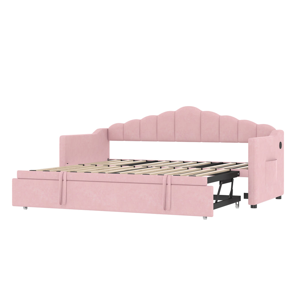 Upholstered Twin Size Daybed Bed with Charging Station & 2 Side Pockets,Velvet Daybed Frame with Adjustable Height Pop Up Trundle for Guest Room, Home Office,Pink