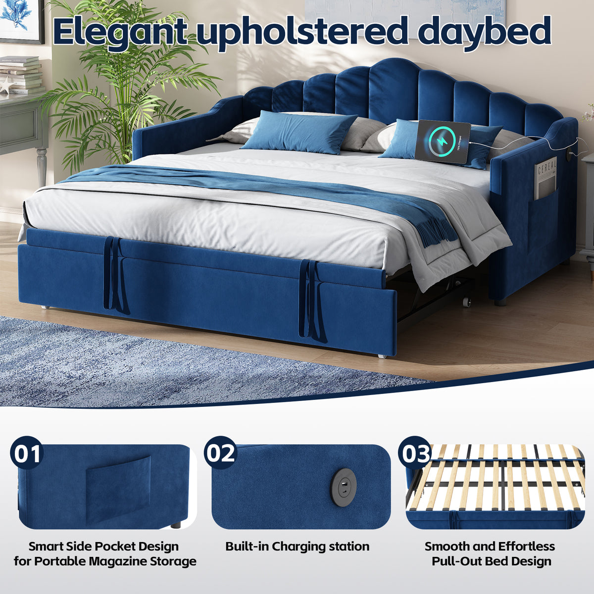 Upholstered Twin Size Daybed Bed with Charging Station & 2 Side Pockets,Velvet Daybed Frame with Adjustable Height Pop Up Trundle for Guest Room, Home Office,Blue