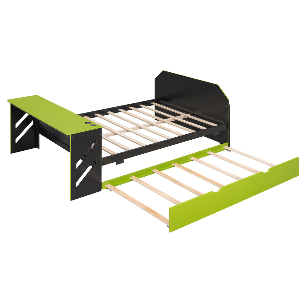 Full Size Wood Daybed with Desk & USB,Full Daybed with Twin Size Trundle for Bedroom, Green