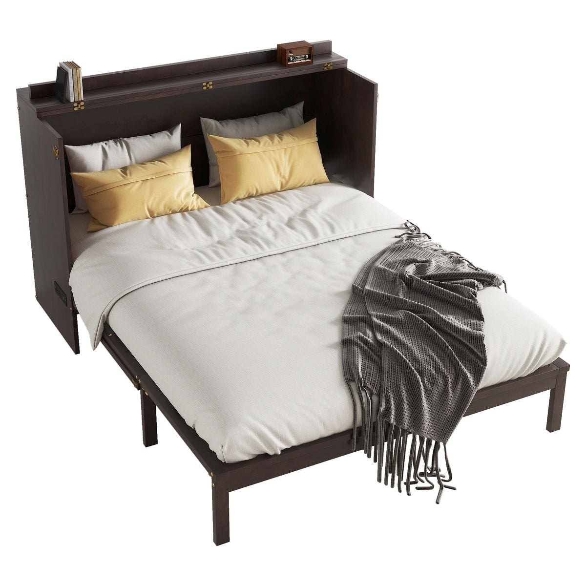 Queen Size Murphy Bed with Charging Station and 2 Storage Drawers, Pine Wood Folding Cabinet Bed, Equipped with 6 Moving Wheels, Space-Saving Hidden Wall Bed for Guest Room, Home Office,Espresso