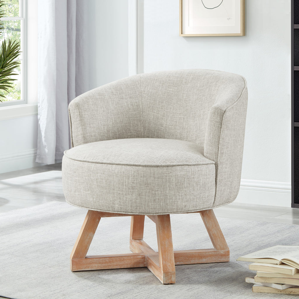 360° Swivel Accent Chair, Barrel Chair with Solid Wood Base, Linen Fabric Armchair, Light Gray