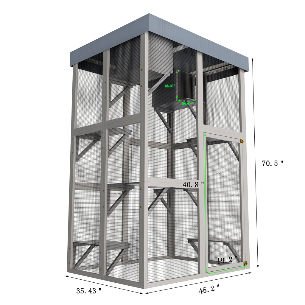 70.5＂ Tall Wooden Catio Multi-functional Cat Enclosure,6 Jumping Platforms & 2 Napping Houses, Waterproof Roof Cover,Rounded Corner,Gray