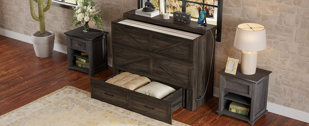 Full Size Farmhouse Murphy Cabinet Bed with Charging Station, Foldable Platform Bed with Large Storage Drawer for Guest-Room, Small Bedroom, Rustic Gray