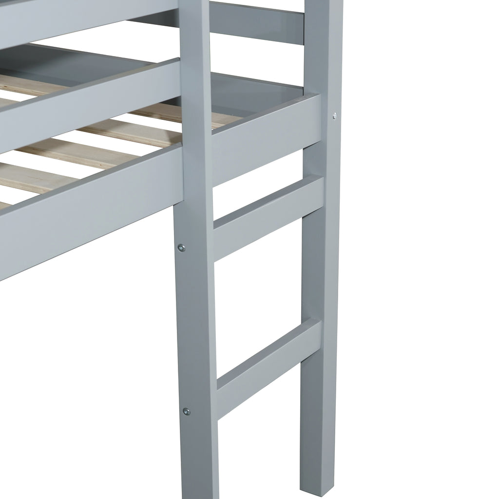 Twin Low Loft Bed Frame, Solid Wood Elevated Bed with Guardrail, Space Saving Loft Bed for Bedroom, Gray