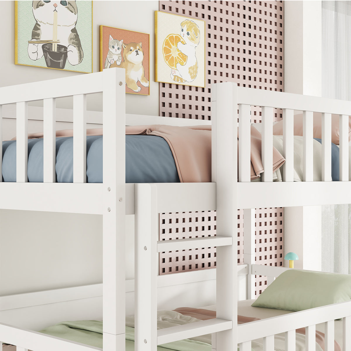 Triple Bunk Bed Frame, Convertible to 3 Single Beds, Solid Wood Bed with Ladders & Guardrails, White