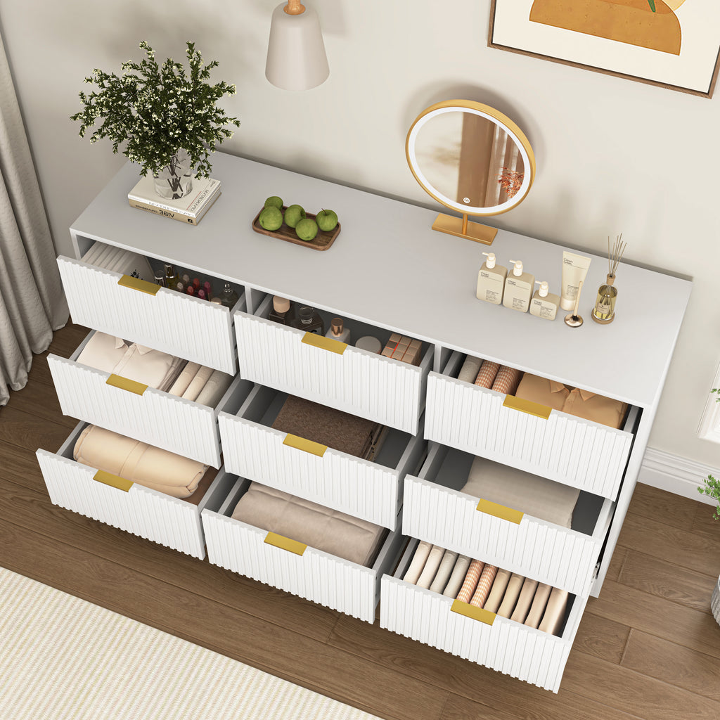 9 Drawer Dresser, 63" Large Deep Chest of Drawers, Wooden Dresser Storage Cabinet for Bedroom, Long Dressers for Living Room, Hallway, Drawer panel with wavy patterns,White