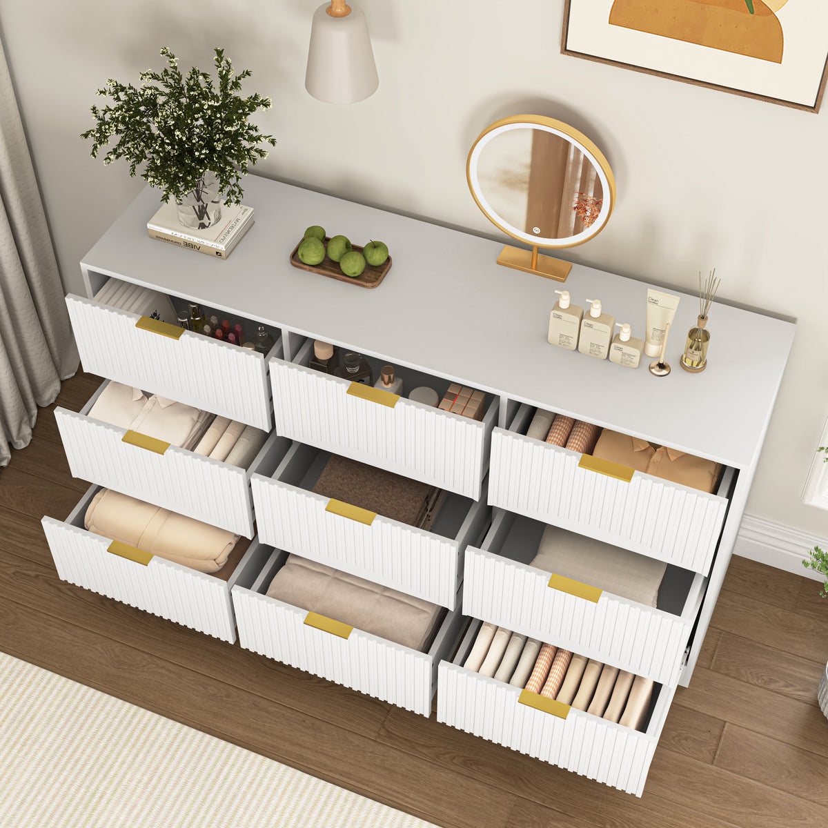 9 Drawer Dresser, 63" Large Deep Chest of Drawers, Wooden Dresser Storage Cabinet for Bedroom, Long Dressers for Living Room, Hallway, Drawer panel with wavy patterns,White