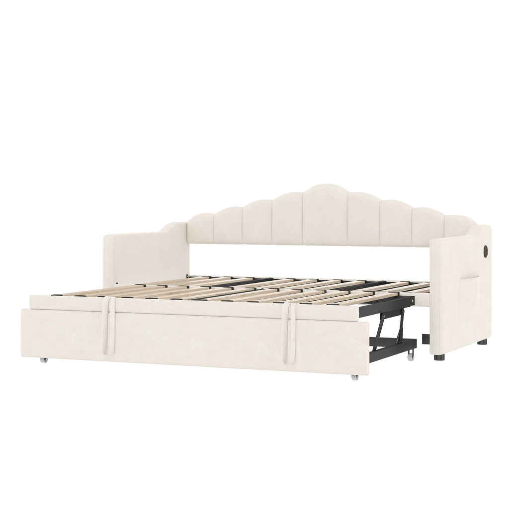 Upholstered Twin Size Daybed Bed with Charging Station & 2 Side Pockets,Velvet Daybed Frame with Adjustable Height Pop Up Trundle for Guest Room, Home Office,Beige