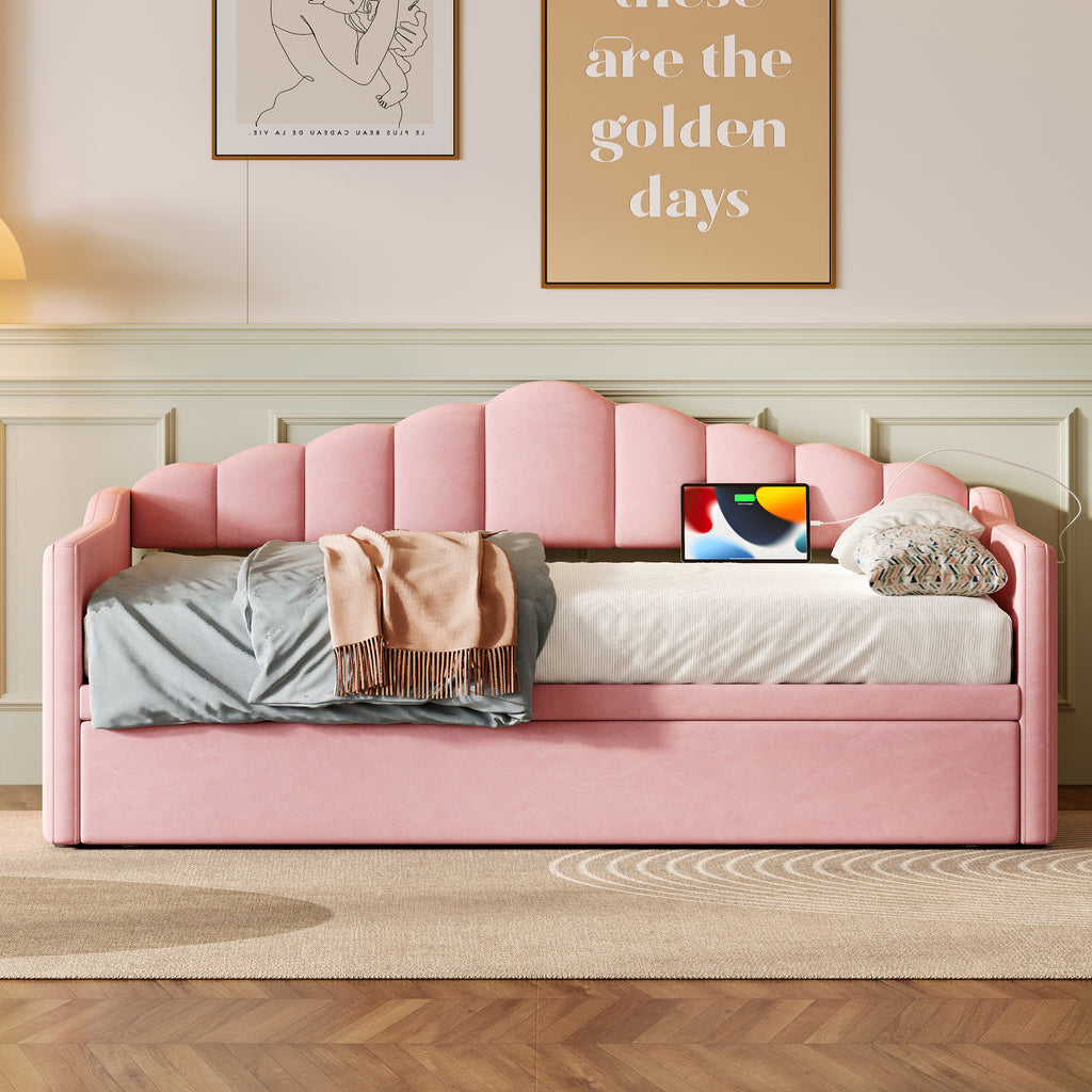 Upholstered Twin Size Daybed Bed with Charging Station & 2 Side Pockets,Velvet Daybed Frame with Adjustable Height Pop Up Trundle for Guest Room, Home Office,Pink