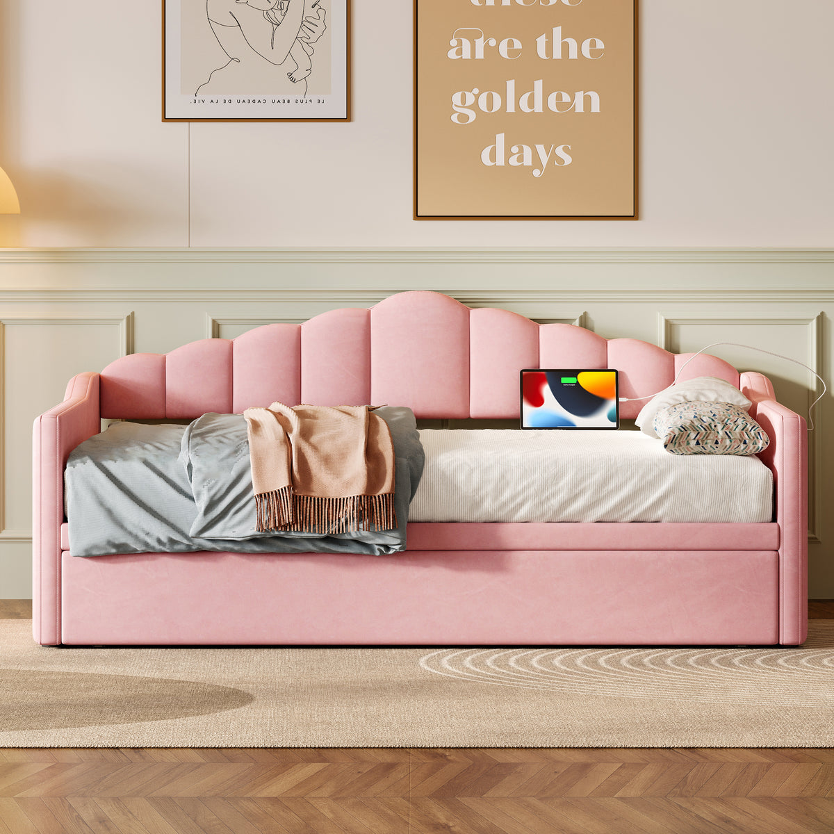 Upholstered Twin Size Daybed Bed with Charging Station & 2 Side Pockets,Velvet Daybed Frame with Adjustable Height Pop Up Trundle for Guest Room, Home Office,Pink