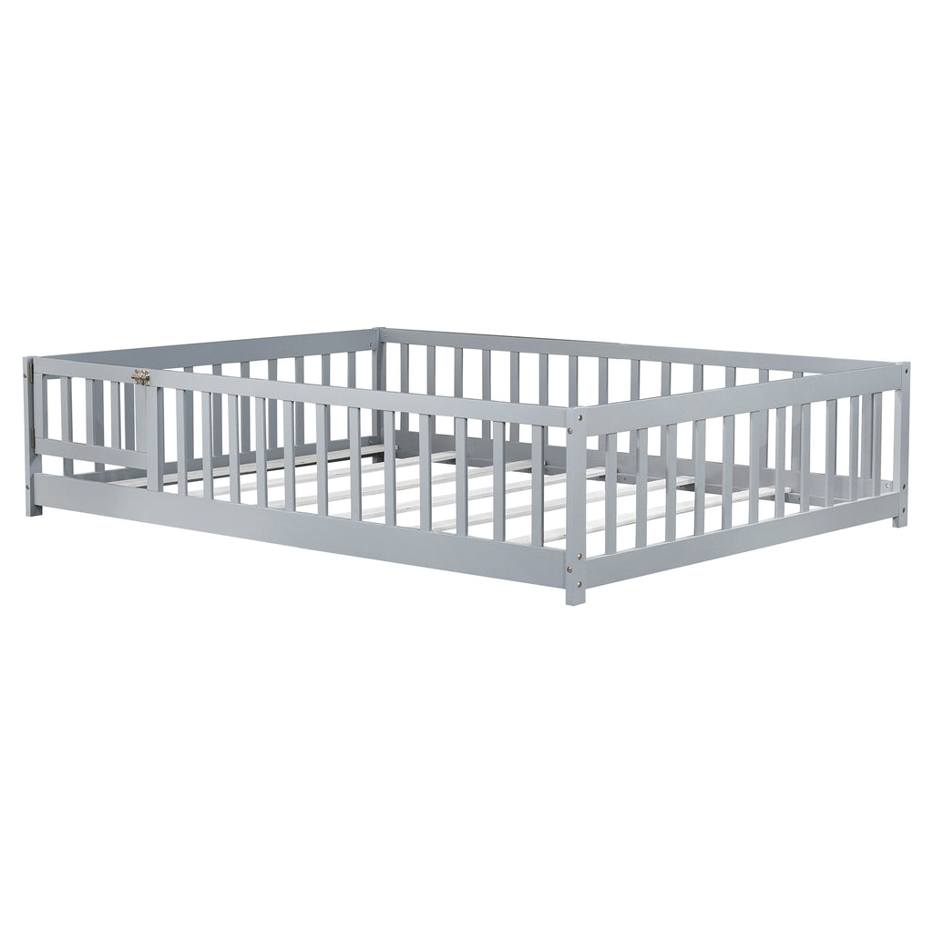 NYBOPAVIS Full Size Floor Bed with Fence&Door,Rubber Wood Floor Bed with Safety Guardrails,TMontessori Bed Boys, Girls,Deep Grey