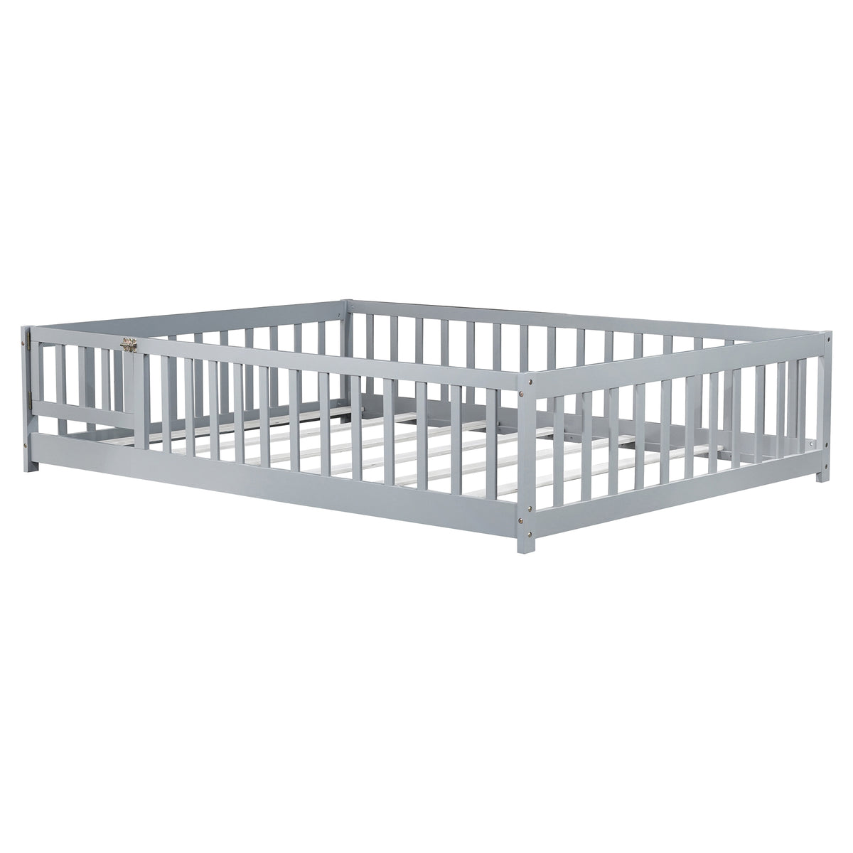 NYBOPAVIS Full Size Floor Bed with Fence&Door,Rubber Wood Floor Bed with Safety Guardrails,TMontessori Bed Boys, Girls,Deep Grey