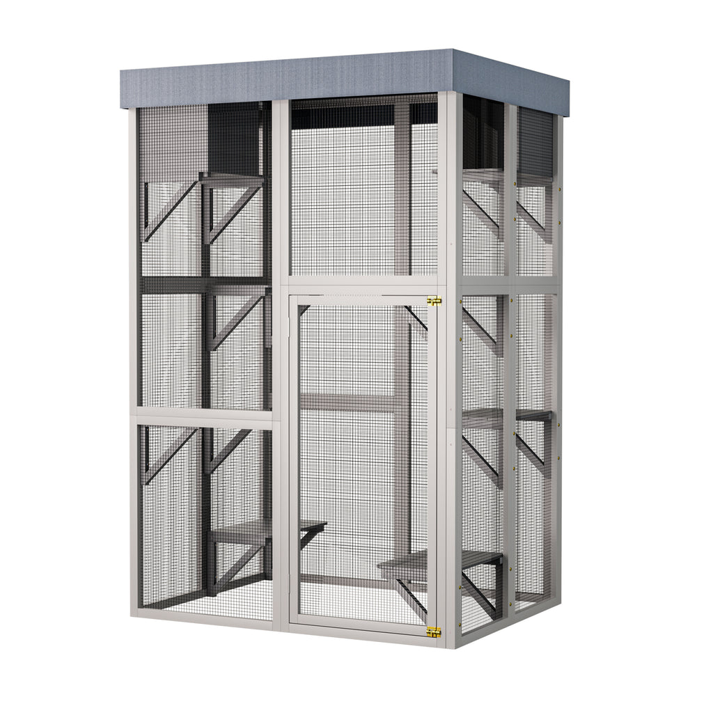 70.5＂ Tall Wooden Catio Multi-functional Cat Enclosure,6 Jumping Platforms & 2 Napping Houses, Waterproof Roof Cover,Rounded Corner,Gray
