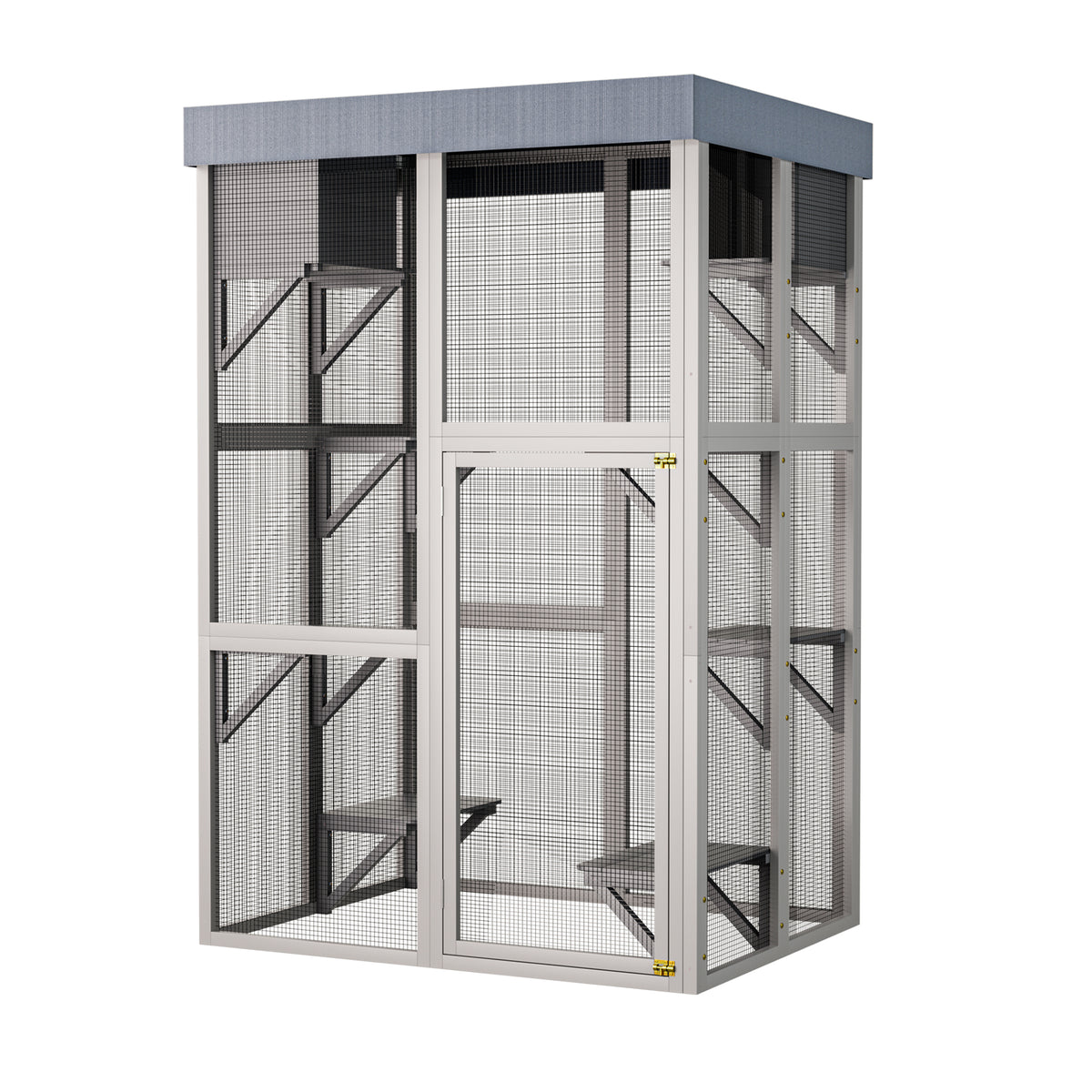 70.5＂ Tall Wooden Catio Multi-functional Cat Enclosure,6 Jumping Platforms & 2 Napping Houses, Waterproof Roof Cover,Rounded Corner,Gray