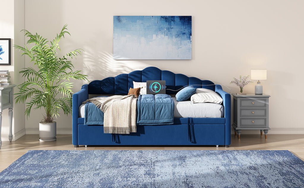 Upholstered Twin Size Daybed Bed with Charging Station & 2 Side Pockets,Velvet Daybed Frame with Adjustable Height Pop Up Trundle for Guest Room, Home Office,Blue