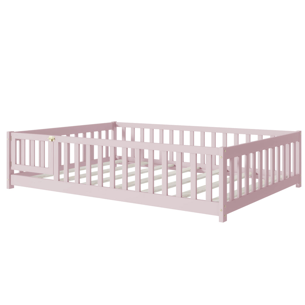 NYBOPAVIS Full Size Floor Bed with Fence&Door,Rubber Wood Floor Bed with Safety Guardrails, Montessori Bed Boys, Girls,Pink