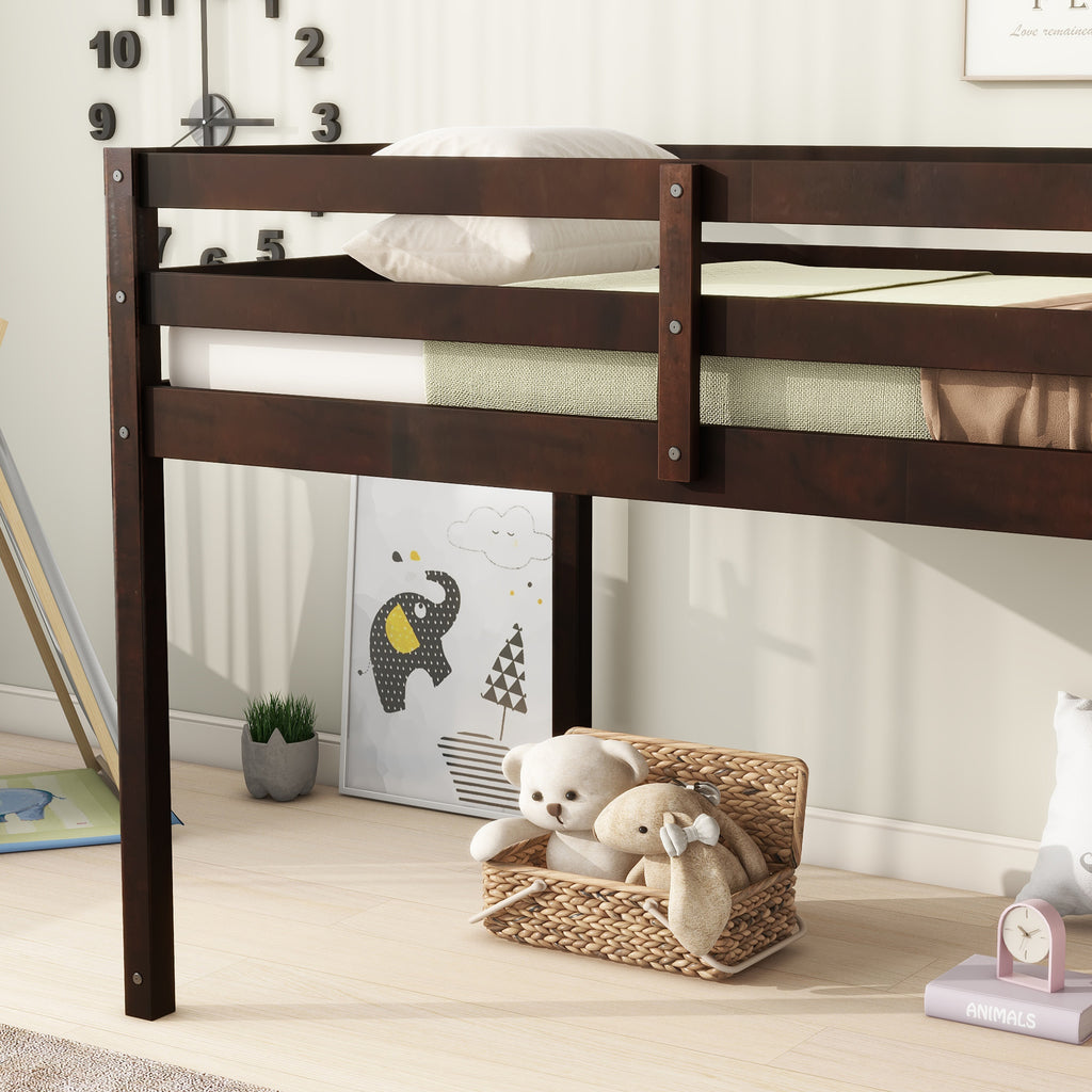 Twin Low Loft Bed Frame, Solid Wood Elevated Bed with Guardrail, Space Saving Loft Bed for Bedroom, Espresso