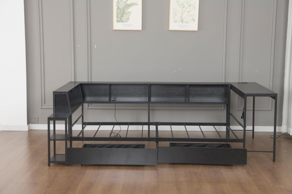 Twin Size Corner Bed Frame with Bookcase & 2 Underbed Storage Drawers, Modern Bed with LED Light and Charging Station, Left and Right Interchangeable, Black