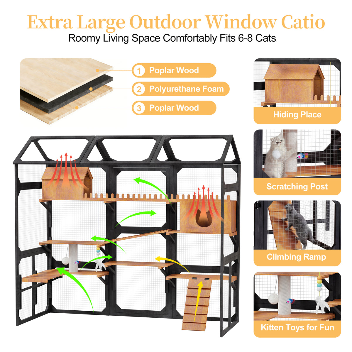 Large Wooden Outdoor Catio, Multi‑Level Cat Playpen Enclosure with Weather‑Resistant Roof, 2 Plant Stands, Resting Box, Climbing Ramps & Wire Mesh for Backyard Patio, Black