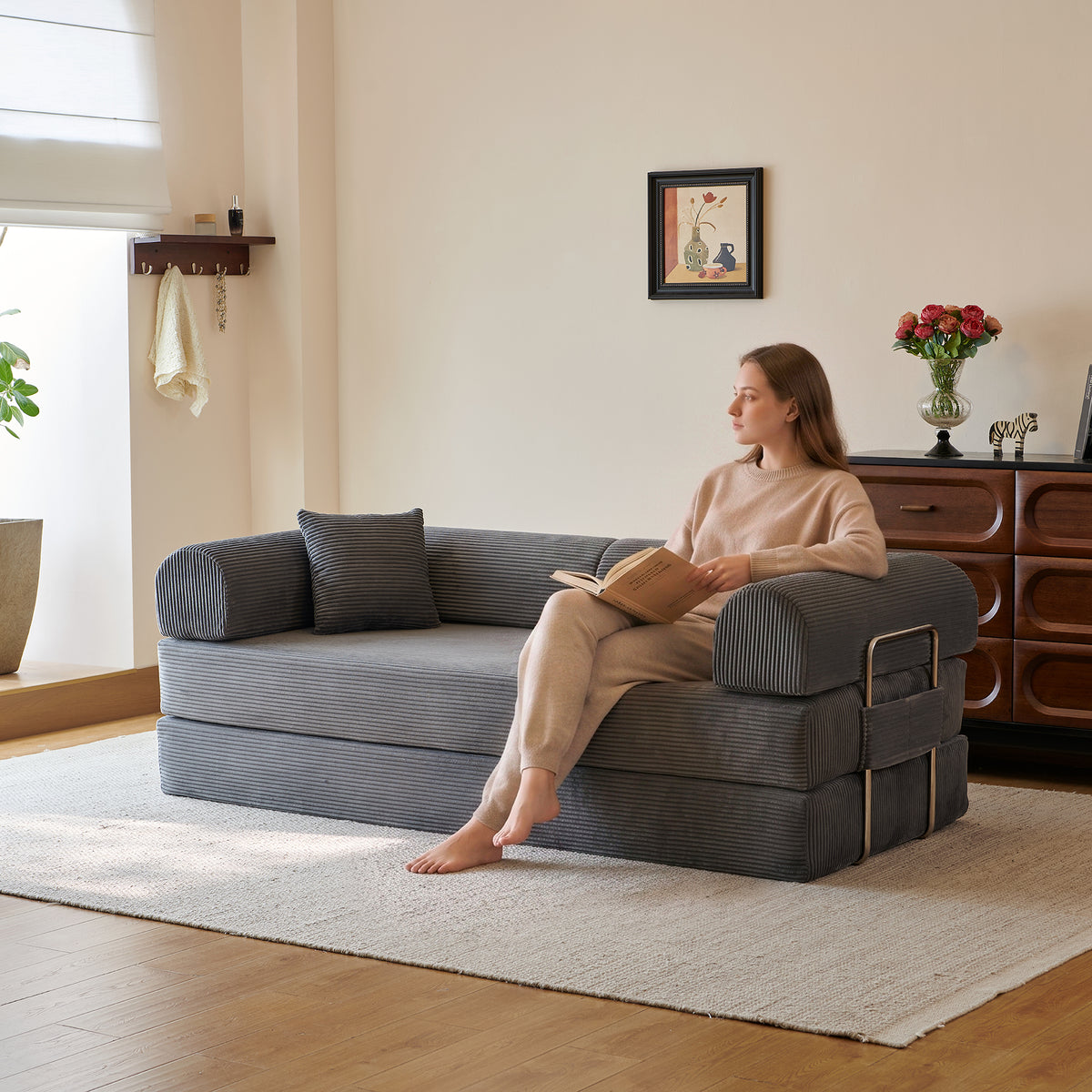 Compressed Convertible Floor Sofa Bed, Boneless Modular Sectional Futon Couch with Pillow Back & Armrest, Corduroy Fabric Loveseat for Living Room Bedroom, Grey
