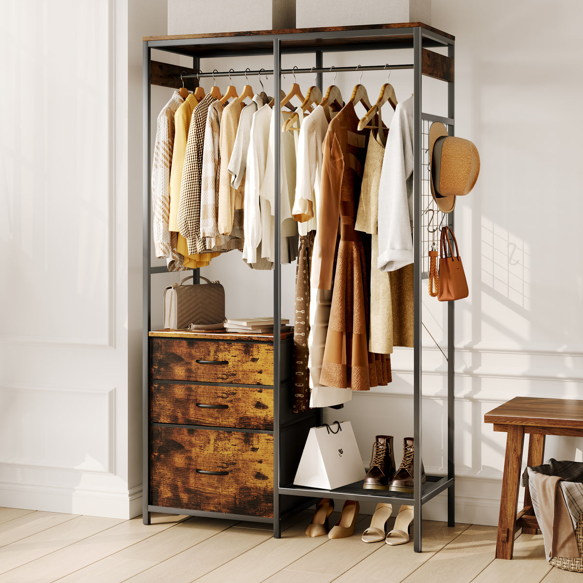 Dresser with LED Hanging Rack & 8 Drawers with LED Lights,with Shoe & Storage Shelf for Bedroom,living room,Brown