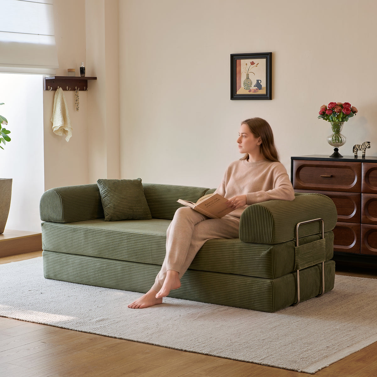 Compressed Convertible Floor Sofa Bed, Boneless Modular Sectional Futon Couch with Pillow Back & Armrest, Corduroy Fabric Loveseat for Living Room Bedroom, Green
