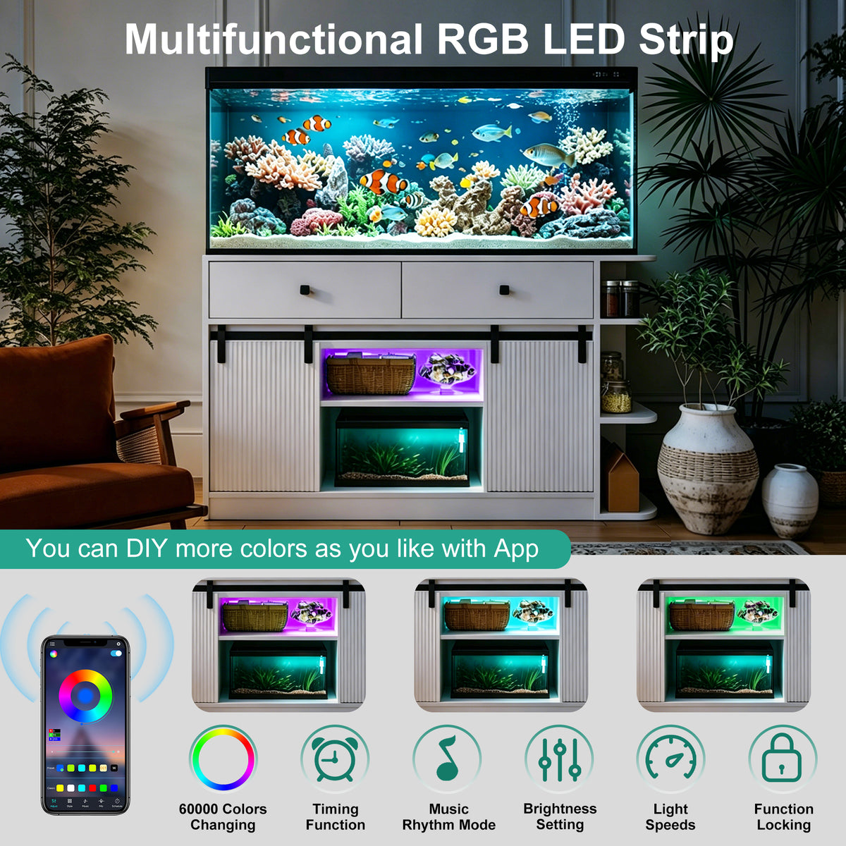 75 Gallon Aquarium Stand with LED Lights & Power Outlets, Fluted Sliding Doors, Storage Cabinets & Shelves for Aquarium Accessories