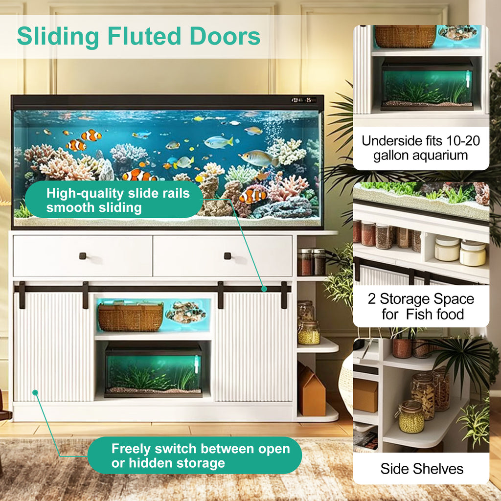 75 Gallon Aquarium Stand with LED Lights & Power Outlets, Fluted Sliding Doors, Storage Cabinets & Shelves for Aquarium Accessories