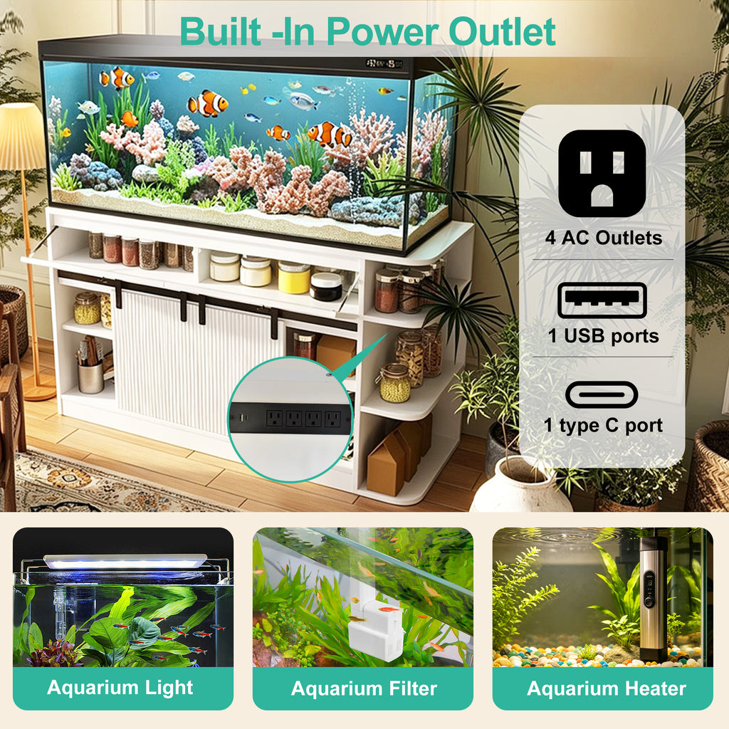 75 Gallon Aquarium Stand with LED Lights & Power Outlets, Fluted Sliding Doors, Storage Cabinets & Shelves for Aquarium Accessories