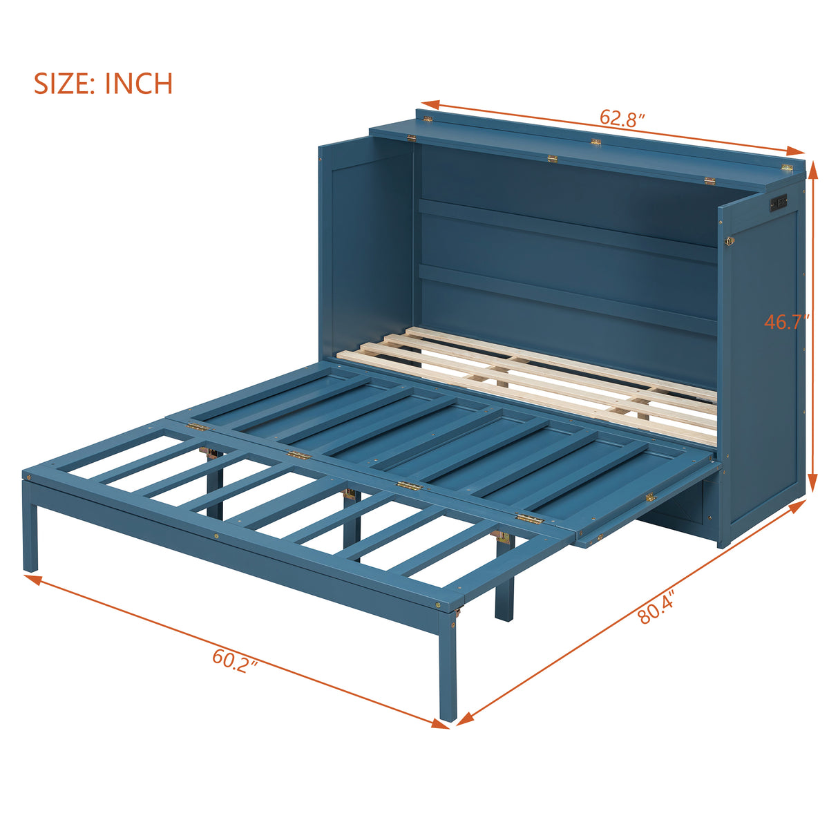 Queen Size Murphy Beds with drawer & USB Ports,Folding Storage Wall Bed Furniture for Bedroom,Office,Guest Room, Navy Blue