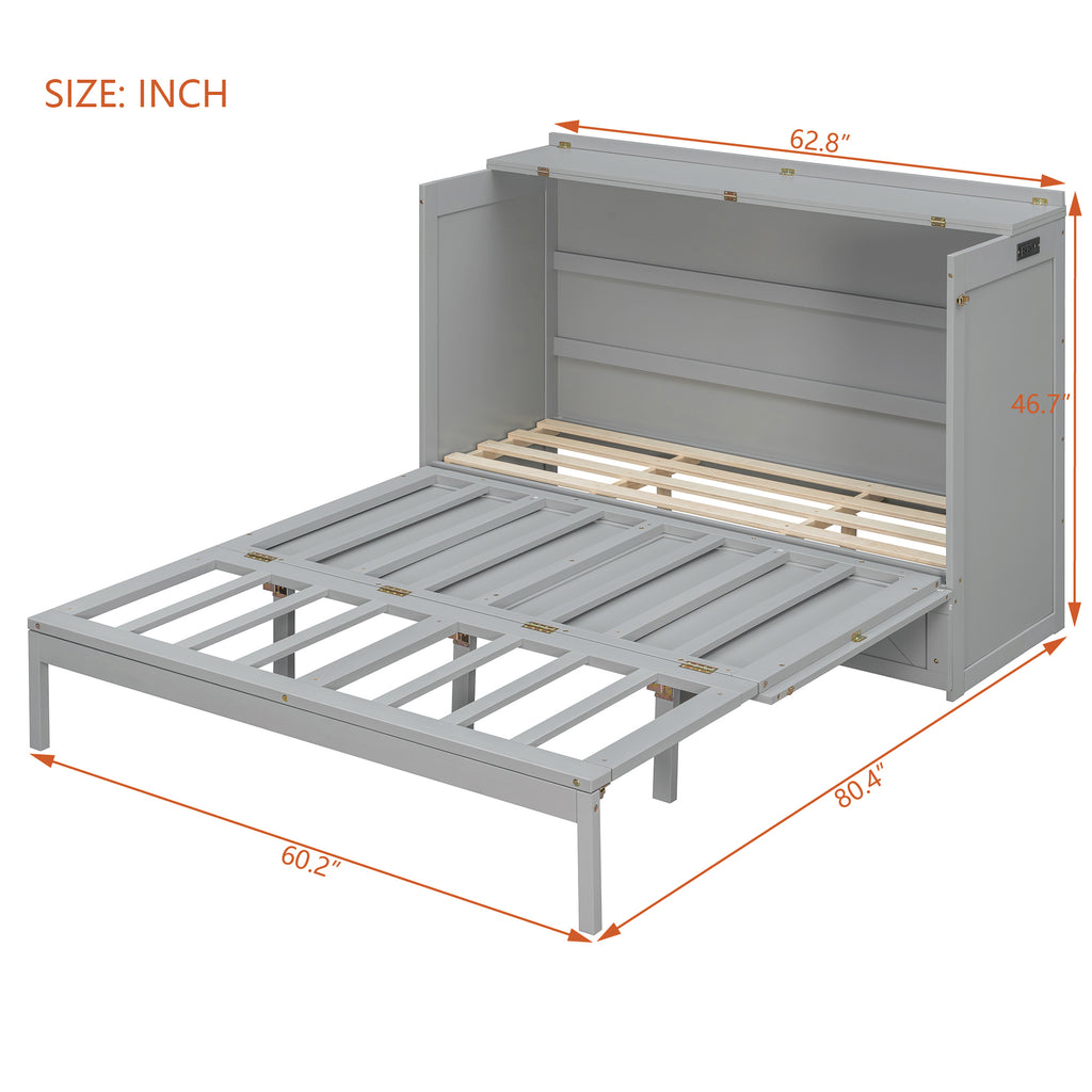 Queen Size Murphy Beds with drawer & USB Ports,Folding Storage Wall Bed Furniture for Bedroom,Office,Guest Room, Gray