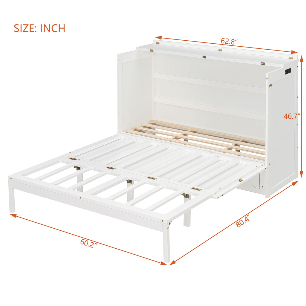 Queen Size Murphy Beds with drawer & USB Ports,Folding Storage Wall Bed Furniture for Bedroom,Office,Guest Room,White