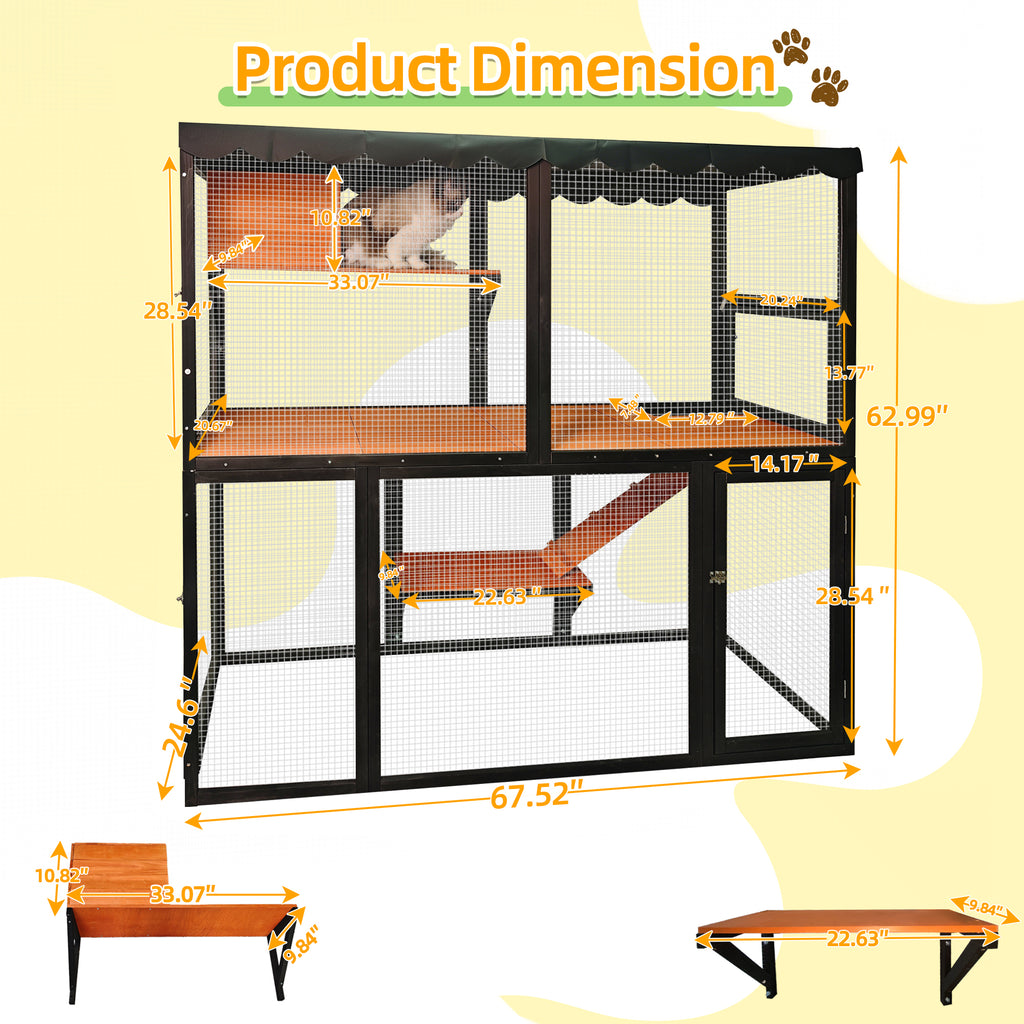 Wooden Catio Outdoor Cat Enclosure Large Cat House for Mulitiple Cats Walk ,Indoor 4 Tier Cat Enclosures House , Outdoor Cat Catio with Waterproof Cover,Ramp