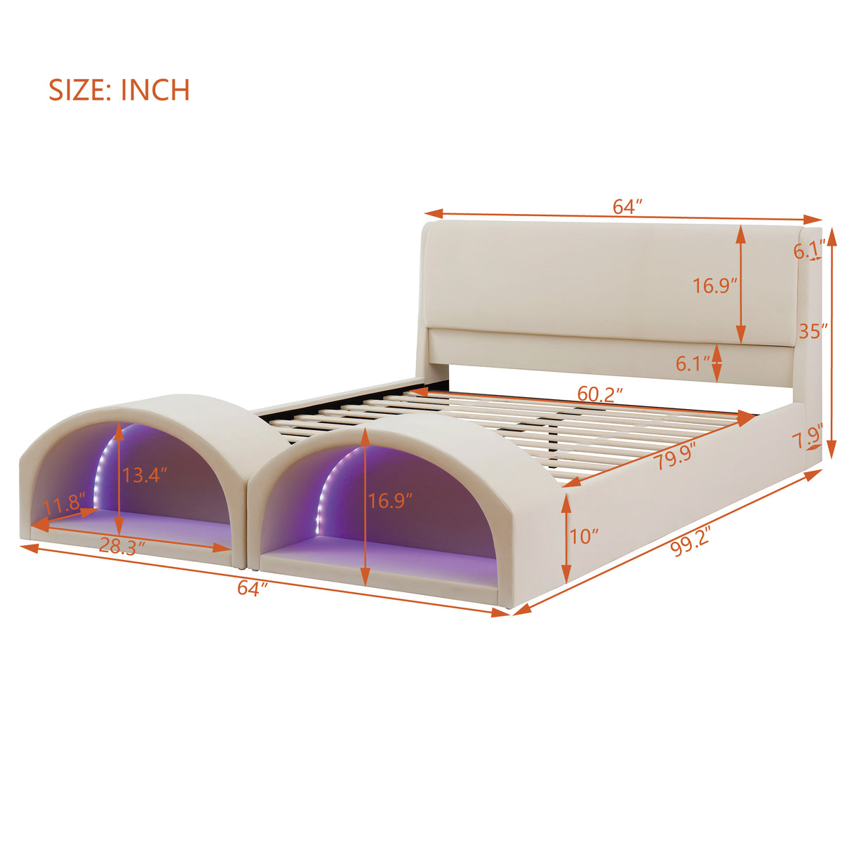 Queen Size Upholstered Platform Bed Frame with Dual Cat Caves, LED Lighted Pet Nests at Footboard, Beige