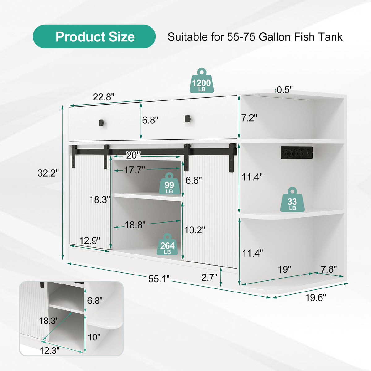 75 Gallon Aquarium Stand with LED Lights & Power Outlets, Fluted Sliding Doors, Storage Cabinets & Shelves for Aquarium Accessories