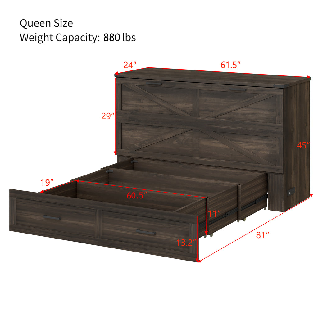 Queen Size Farmhouse Murphy Cabinet Bed with Charging Station, Foldable Platform Bed with Large Storage Drawer for Guest-Room, Small Bedroom, Rustic Gray